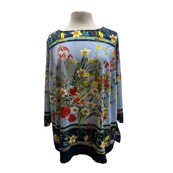 Linea Plus Size Tunic Top 20W Blue Multicolor Floral Print Long Sleeve Blouse - Picture 1 of 8